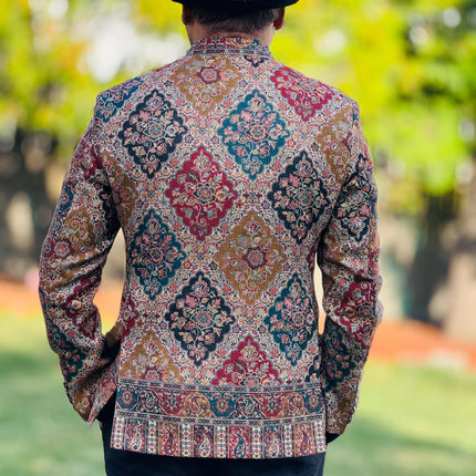 Mens Kani Pashmina Jamawar Jamdani Jacket, Woven Paisley, Mandarin Collar