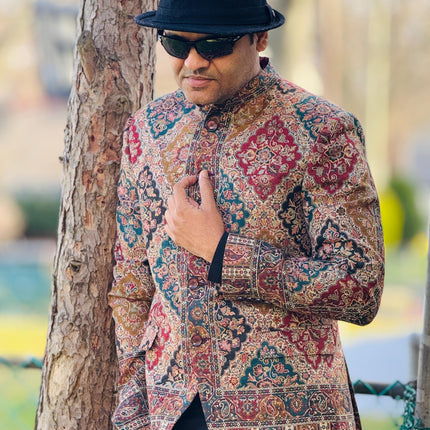 Mens Kani Pashmina Jamawar Jamdani Jacket, Woven Paisley, Mandarin Collar
