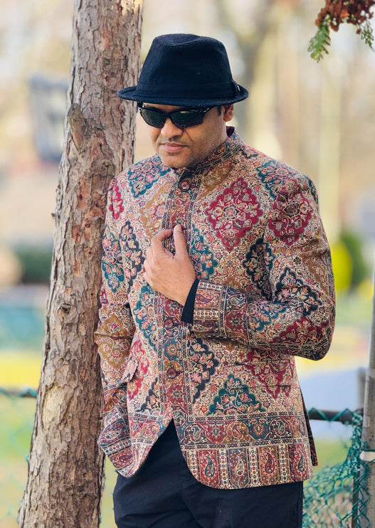 Mens Kani Pashmina Jamawar Jamdani Jacket, Woven Paisley, Mandarin Collar