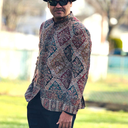 Mens Kani Pashmina Jamawar Jamdani Jacket, Woven Paisley, Mandarin Collar