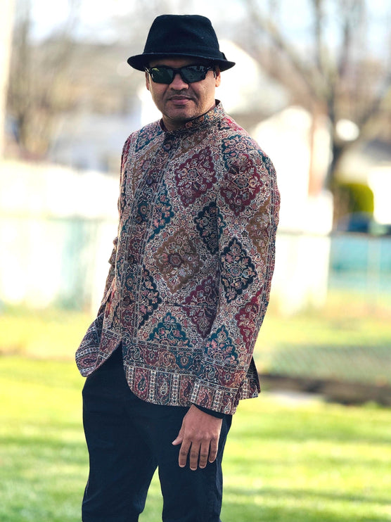 Mens Kani Pashmina Jamawar Jamdani Jacket, Woven Paisley, Mandarin Collar