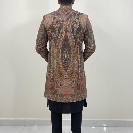 Luxury Kani/Jamawar wool unisex Jacket | woven Kashmir Artwear | Statement fashion wear | all season Dresses|long maroon| size 42-46