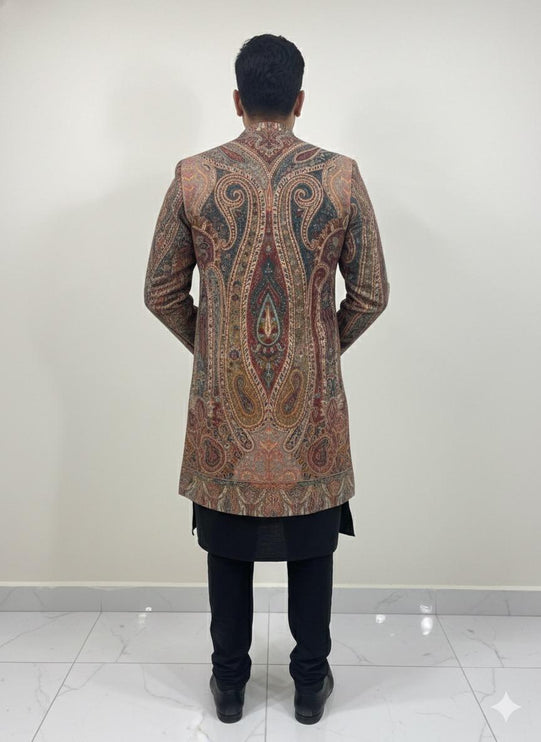 Luxury Kani/Jamawar wool unisex Jacket | woven Kashmir Artwear | Statement fashion wear | all season Dresses|long maroon| size 42-46