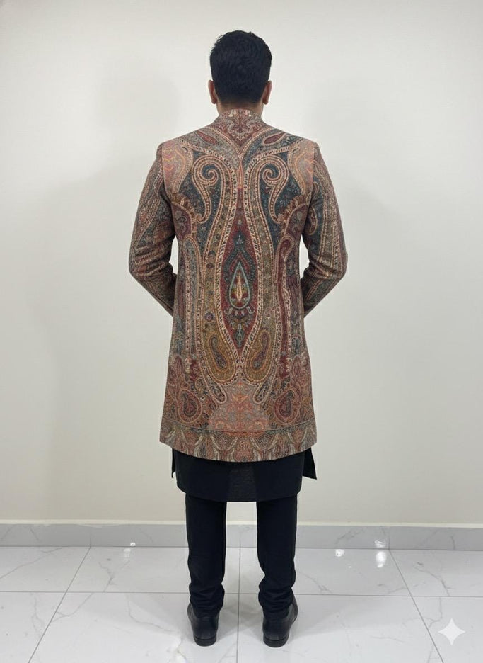 Luxury Kani/Jamawar wool unisex Jacket | woven Kashmir Artwear | Statement fashion wear | all season Dresses|long maroon| size 42-46