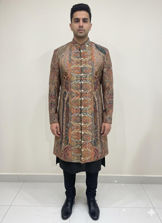 Luxury Kani/Jamawar wool unisex Jacket | woven Kashmir Artwear | Statement fashion wear | all season Dresses|long maroon| size 42-46