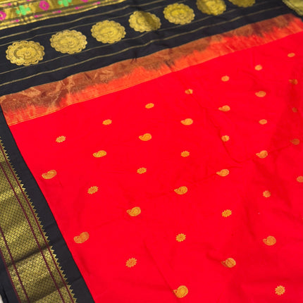 Authentic Paithani from Yeola | 100% handwoven Pure Silk saree |Red with Black border|Kadiyal Maharani|Silk Mark Certified