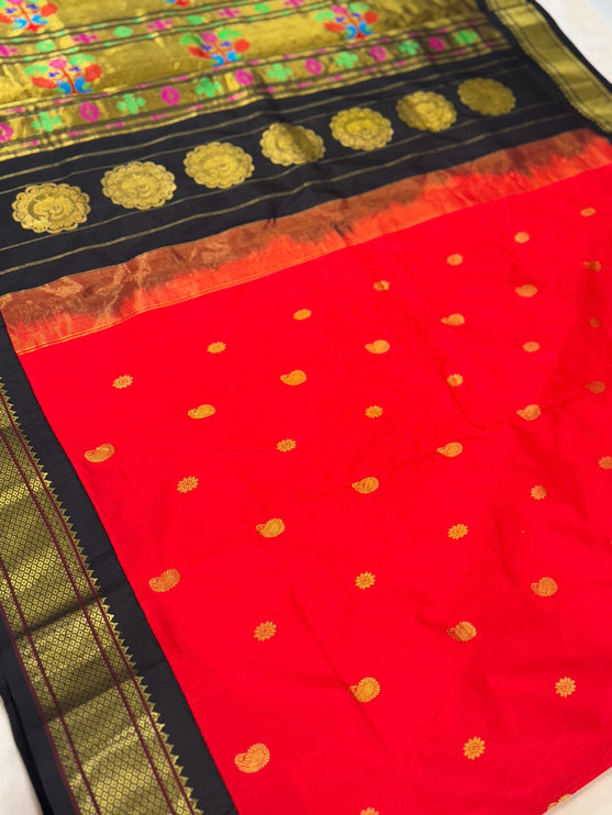 Authentic Paithani from Yeola | 100% handwoven Pure Silk saree |Red with Black border|Kadiyal Maharani|Silk Mark Certified
