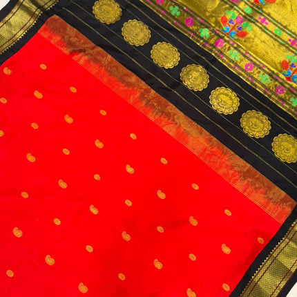 Authentic Paithani from Yeola | 100% handwoven Pure Silk saree |Red with Black border|Kadiyal Maharani|Silk Mark Certified