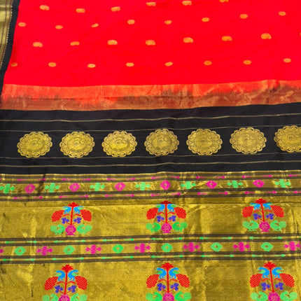 Authentic Paithani from Yeola | 100% handwoven Pure Silk saree |Red with Black border|Kadiyal Maharani|Silk Mark Certified