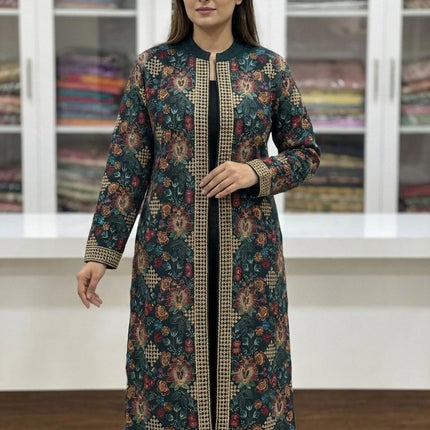 Aan Silk House Original winter collection | 3 pcs Kashmiri woolen set| Dark Green with all over hand sozni | size 40