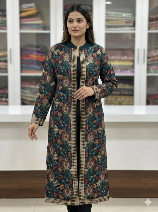 Aan Silk House Original winter collection | 3 pcs Kashmiri woolen set| Dark Green with all over hand sozni | size 40