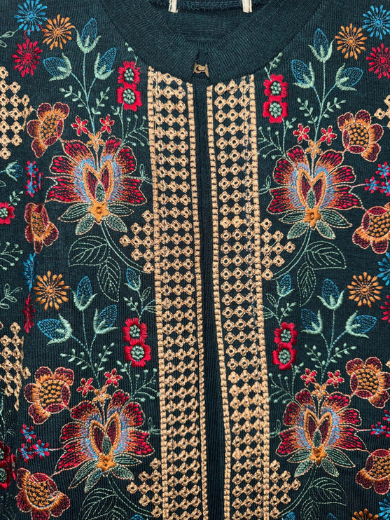 Aan Silk House Original winter collection | 3 pcs Kashmiri woolen set| Dark Green with all over hand sozni | size 40