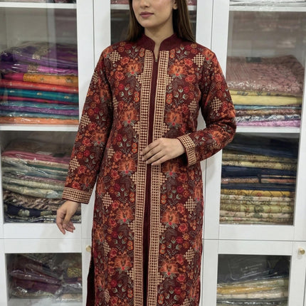Aan Silk House Original winter collection | 3 pcs Kashmiri woolen set| Datk Maroon with all over hand sozni | size 40