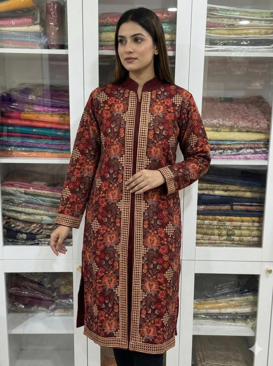 Aan Silk House Original winter collection | 3 pcs Kashmiri woolen set| Datk Maroon with all over hand sozni | size 40