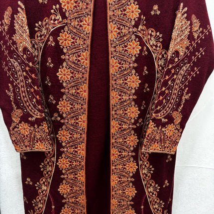 Aan Silk House Original winter collection | 3 pcs Kashmiri woolen set| Red with all over hand sozni | size 40