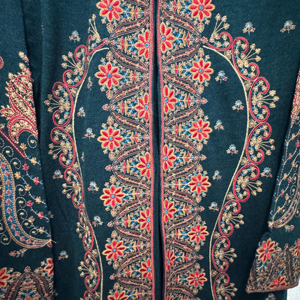 Hand Embroidered Kashmiri Woolen Jacket Set | Bottle Green, Size 40-42