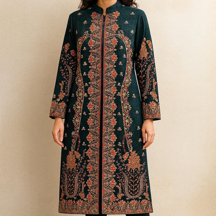 Aan Silk House Original winter collection | 3 pcs Kashmiri woolen set| Bottle Green with all over hand sozni | size 40