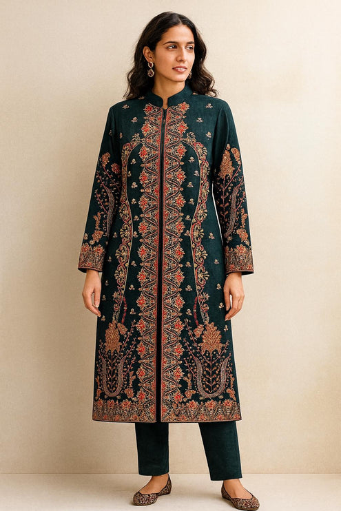 Aan Silk House Original winter collection | 3 pcs Kashmiri woolen set| Bottle Green with all over hand sozni | size 40