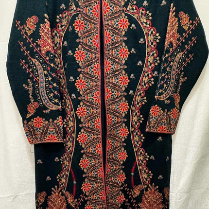 Hand Embroidered Kashmiri Woolen Jacket Set | Bottle Green, Size 40-42