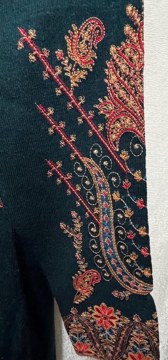Hand Embroidered Kashmiri Woolen Jacket Set | Bottle Green, Size 40-42