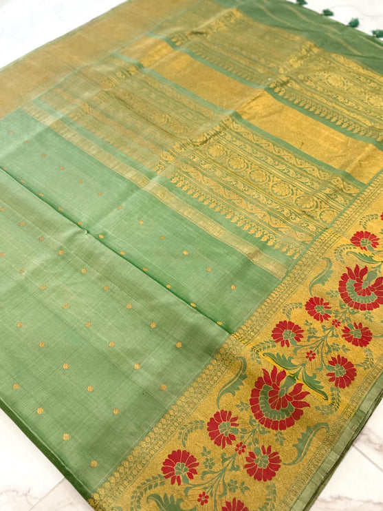 Handloom Gadwal Silk Saree | Cardamom/Light Mint with Meenakari work Border, Silk Mark Certified