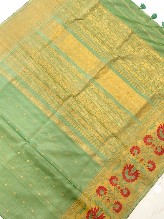 Handloom Gadwal Silk Saree | Cardamom Mint, Meenakari Border