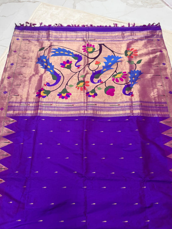 SILK MARK CERTIFIED I Handwoven Purple Baro Panja Paithani Saree | Muniya Zari Motifs