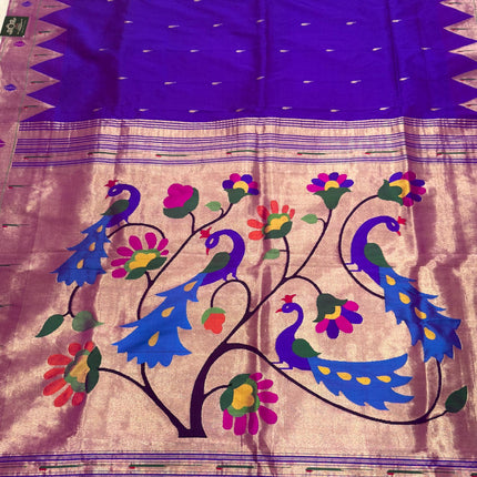 SILK MARK CERTIFIED I Handwoven Purple Baro Panja Paithani Saree | Muniya Zari Motifs
