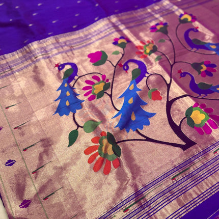 SILK MARK CERTIFIED I Handwoven Purple Baro Panja Paithani Saree | Muniya Zari Motifs