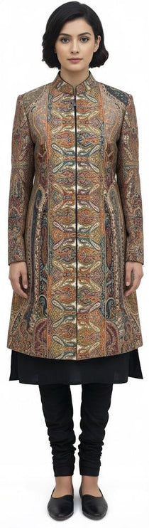 Luxury Kani/Jamawar wool women Jacket | woven Kashmir Artwear | Statement fashion wear | all season Dresses|long maroon| size 42