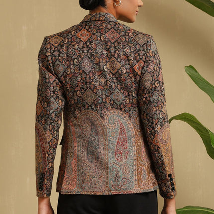 All weather aan silk house Jamawar Kani Blazer | black base color | hand made Kani designed all over| silk blend | size 46