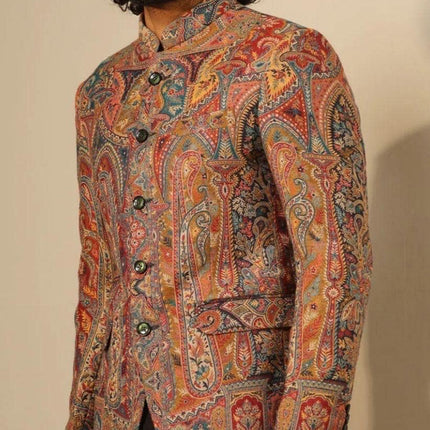 Mens Kani Pashmina Jamawar Jacket, Woven Paisley, Mandarin Collar size 44