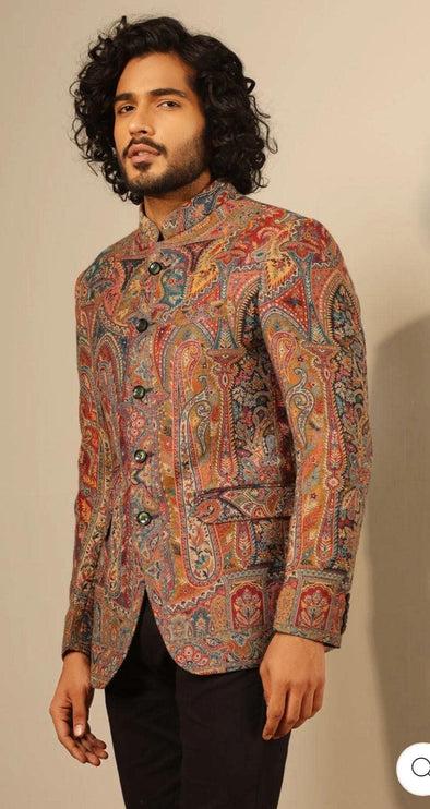Mens Kani Pashmina Jamawar Jacket, Woven Paisley, Mandarin Collar size 44