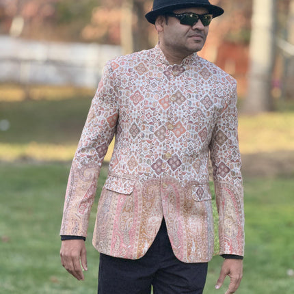 Mens Kani Pashmina Jamawar Jodhpuri style Jacket, Woven Paisley, Mandarin Collar size 40