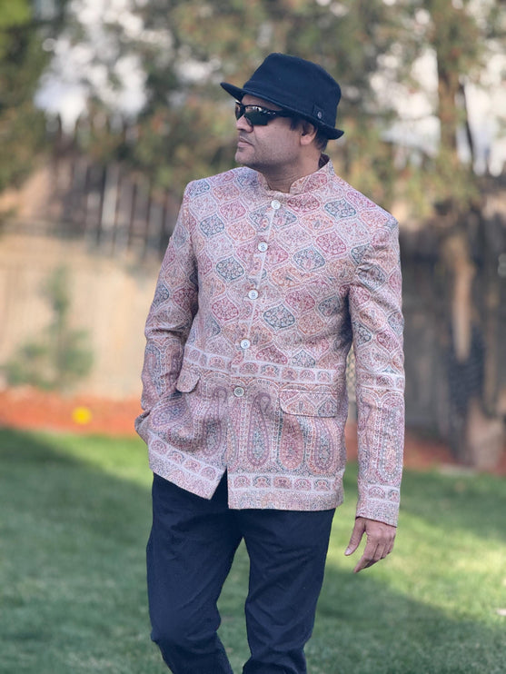 Mens Kani Pashmina Jamawar Jodhpuri style Jacket, Woven Paisley, Mandarin Collar size 42
