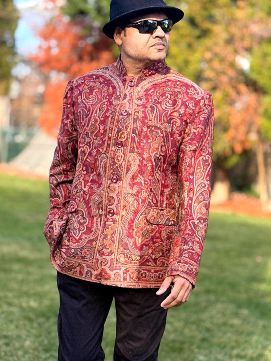 Mens Kani Pashmina Jamawar Jodhpuri style Jacket, Woven Paisley, Mandarin Collar size 44
