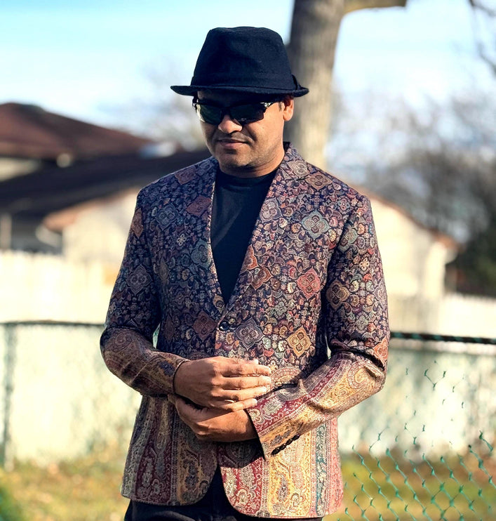 Mens Kani Pashmina Jamawar Blazer, Woven Paisley, Mandarin Collar . Multiple sizes