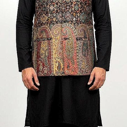 Kani pashmina Jamawar MENS WOVEN Paisley waistcoats, structured slim fit |Black foundation | Statement fashion wear| size 40,42