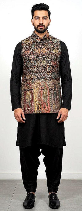 Kani pashmina Jamawar MENS WOVEN Paisley waistcoats, structured slim fit |Black foundation | Statement fashion wear| size 40,42