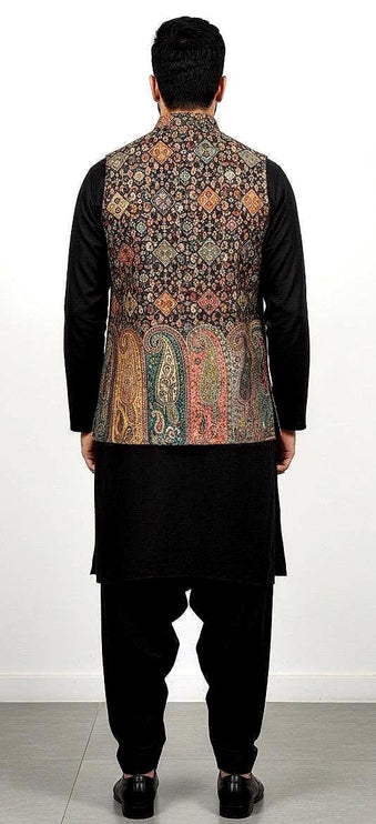 Kani pashmina Jamawar MENS WOVEN Paisley waistcoats, structured slim fit |Black foundation | Statement fashion wear| size 40,42