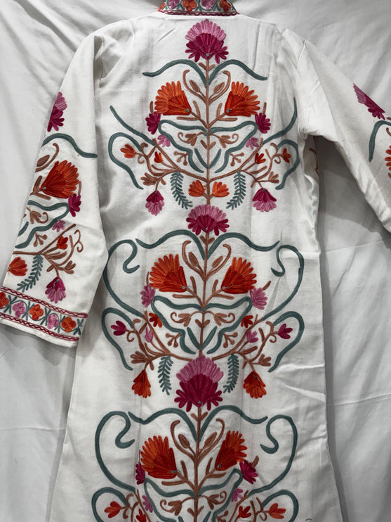 Luxury Kani/Jamawar Cotton Jacket with Jari | woven Kashmir Artwear | Statement fashion wear | Kashmir Winter Dresses|knee length| size 44