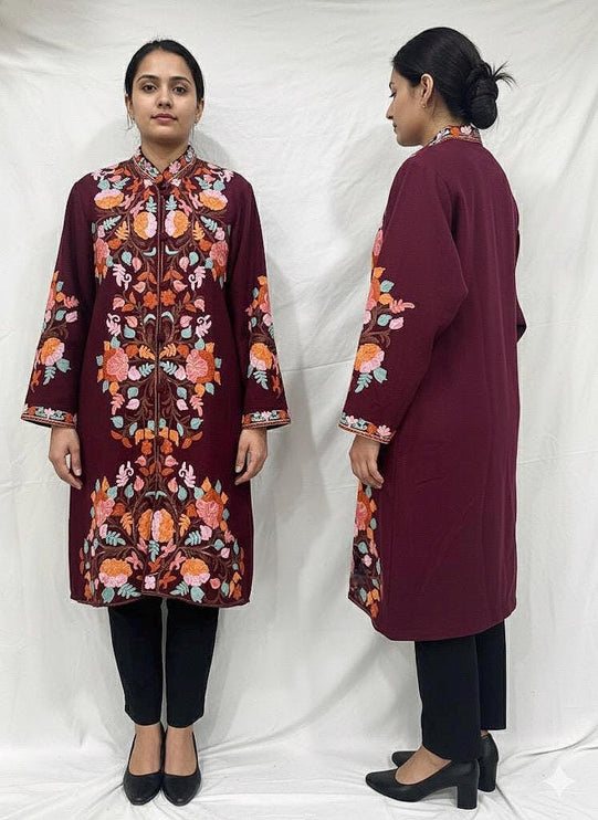 Luxury Kani/Jamawar Wool Jacket with Jari | woven Kashmir Artwear | Statement fashion wear | Kashmir Winter Dresses|knee length| size 42