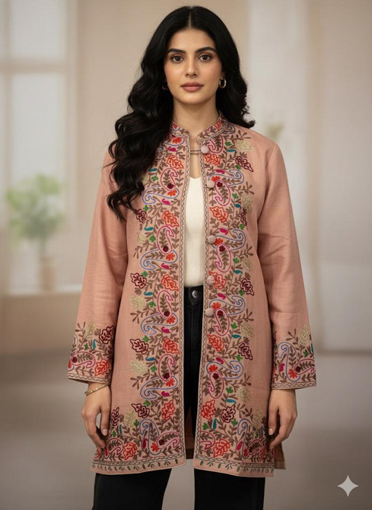 Pashmina hand embroidered |Aari needle work Jacket | Kashmir Artwear | Pashmina | black Size 38