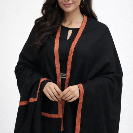 Handmade Black Pashmina Shawl with Embroidered Border