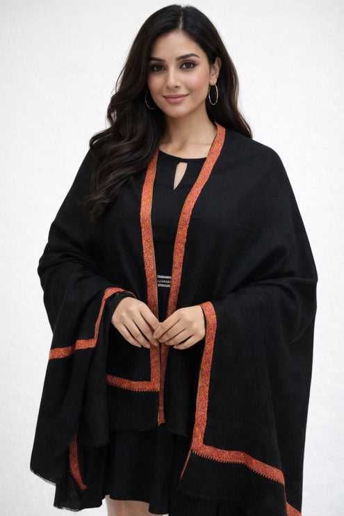 Handmade Black Pashmina Shawl with Embroidered Border