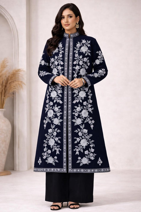 Long Aari Work Jacket | Blue and White | Aari Handwork | Size 48