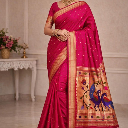 SILK MARK CERTIFIED Handwoven Maharani Paithani Saree | Rani Pink Silk with Red Border