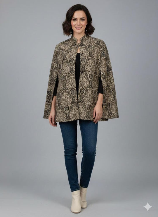 All weather aan silk house EMBROIDERED KANI CAPE | black golden|silk blend | size 42