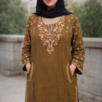 Handmade Kashmiri Aari Embroidered with Tila |Wool Pheran | Traditional Winter Wear | Ethnic Women's Clothing | Boho Style Long Jacket