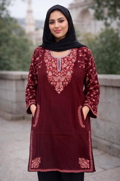 Handmade Kashmiri Aari Embroidered with Tila |Wool Pheran | Traditional Winter Wear | Ethnic Women's Clothing | Boho Style Long Jacket
